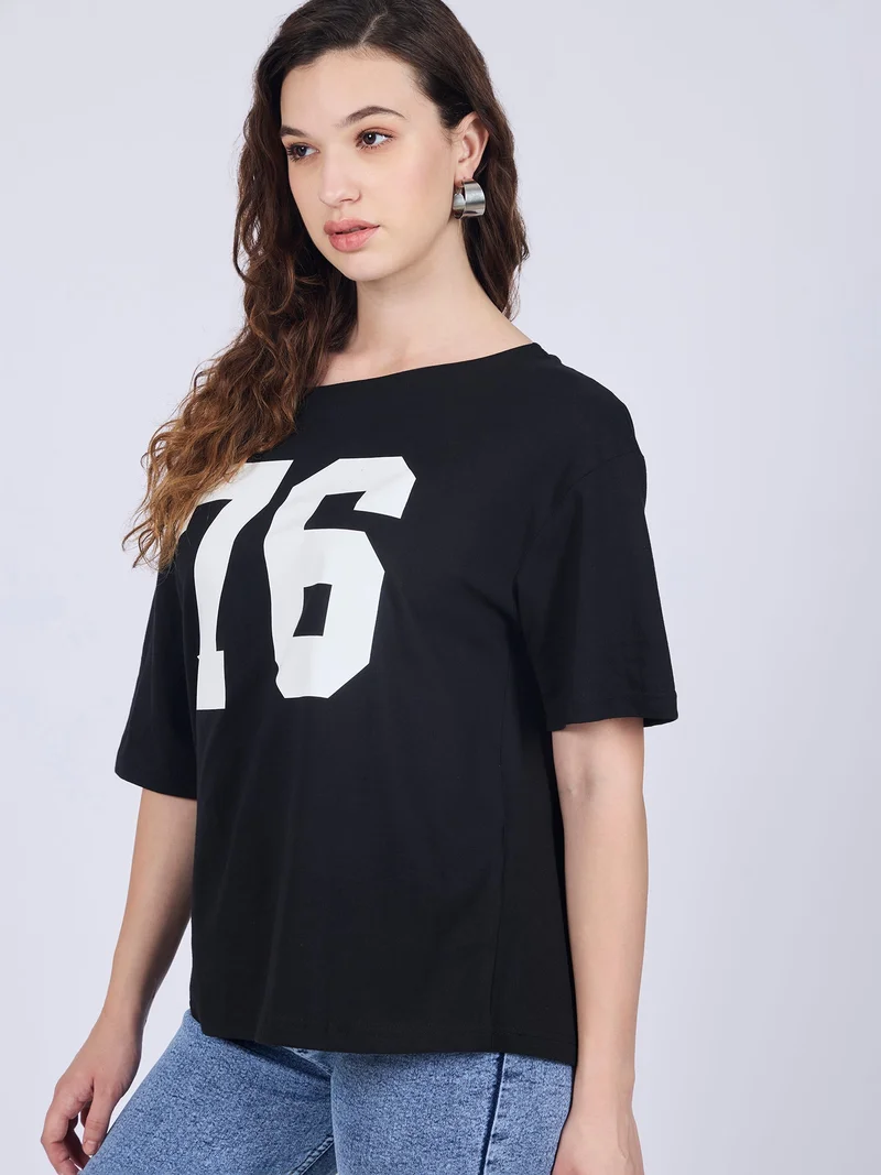 Outzidr Black Black Graphic Oversized T-Shirt for Women | Best Price UAE